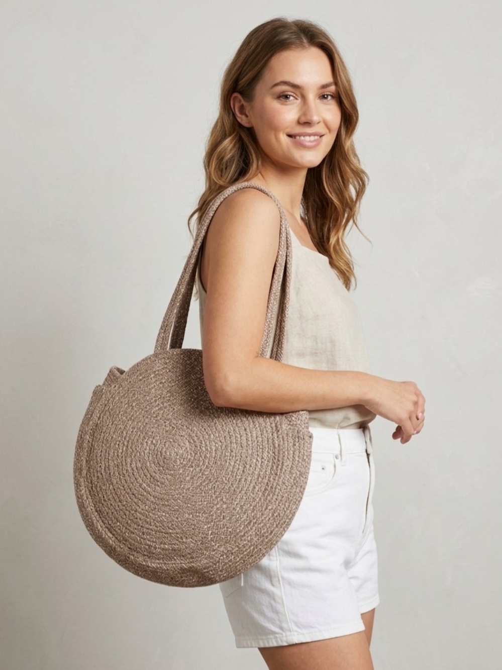 Bloomingdale's Round Woven Tote Bag in Taupe